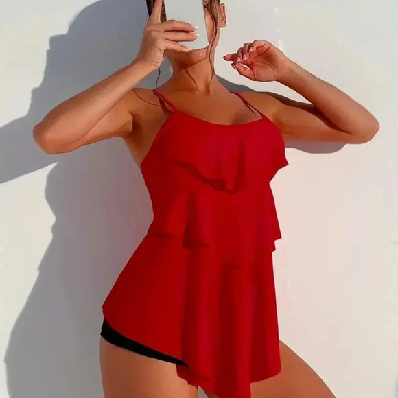 Elegant Ruffle Red & Black Stretchy 2 Piece Set Tankini - Picture 3 of 4